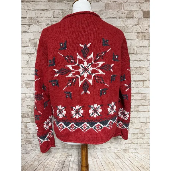 Vtg Best authentic Roll‎ Neck Wool Red Floral Sweater Star M True North Aran - Image 2