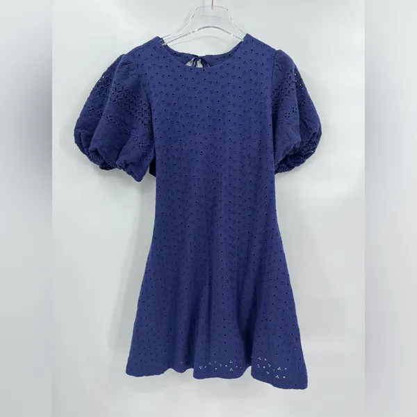 Free People Apricot‎ Rose Puff Sleeve Eyelet Dress Living Indigo Size large NWT - Image 3
