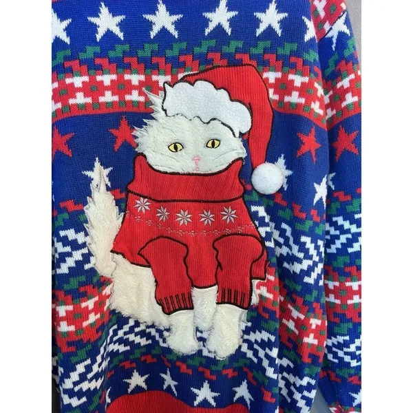 Jolly Sweaters Women's XL Blue/Red Ugly Christmas‎ Sweater Furry Cat Persian - Image 2