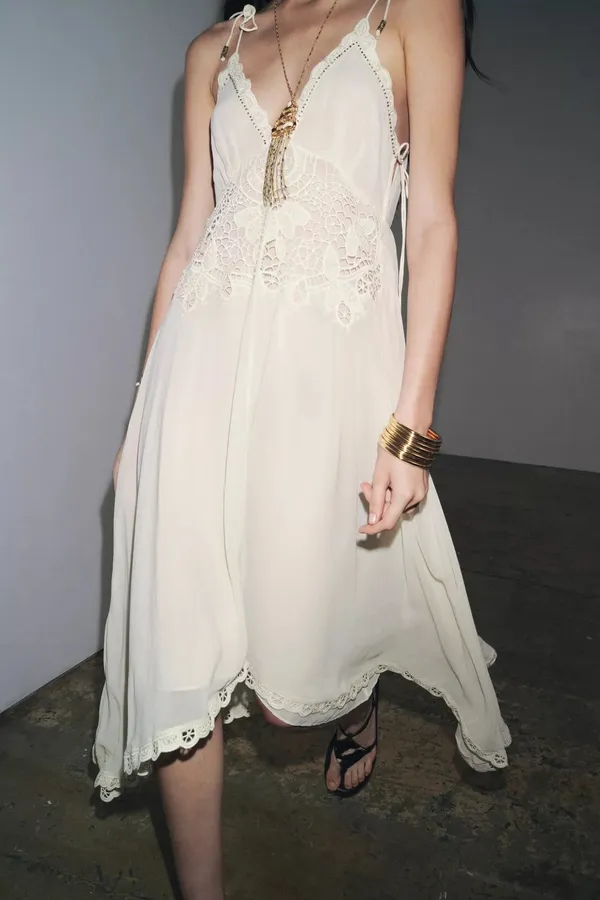 Zara Elegant White Lace Trim Dress beads cream boho hippie summer beach - Image 11