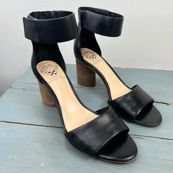 Vince Camuto Black Leather Ankle Strap Block Heel Sandals Womens 7.5 M - Image 11