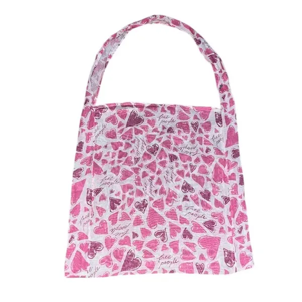 Free People‎ Heart Print Reusable Tote Bag Pink White One Size - Image 2