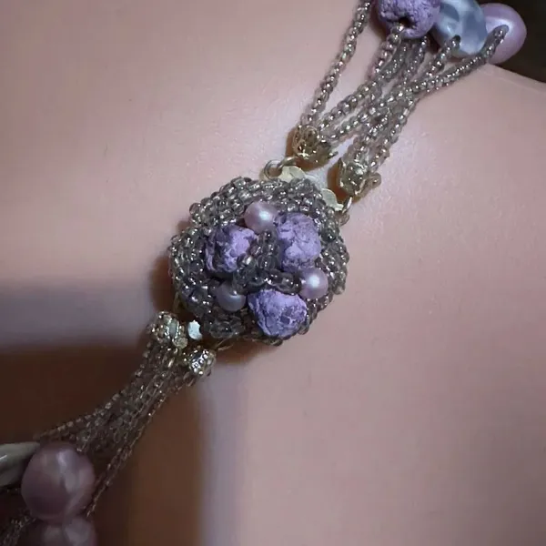 Vintage Japan Multi Strand Stone, Resin, Bead Necklace - Image 4