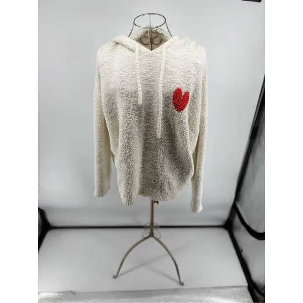 Aerie Fleece Hoodie Sweatshirt Heart Detail Cream Size Medium - Image 5