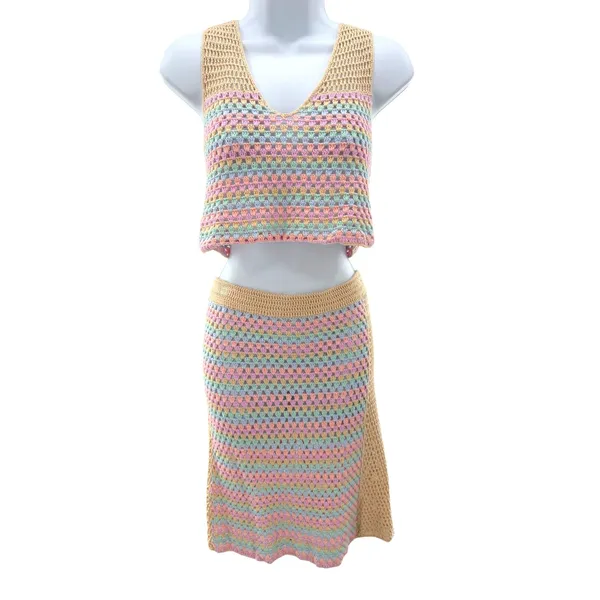 Lovers + Friends Pastel Rainbow Crochet Set Crop‎ Top XL Mini Skirt L Revolve - Image 3