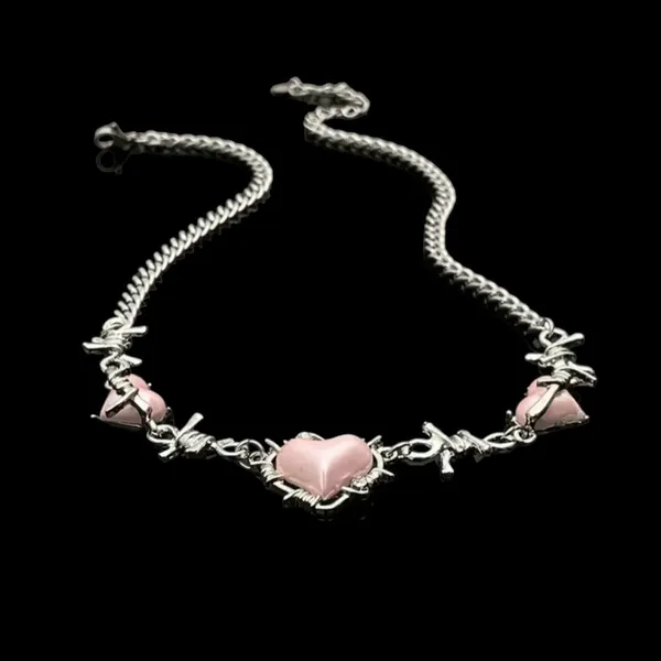 Creative Pink Heart Barbed Wire Silver Plated Choker‎ Length Necklace Soft Goth - Image 5