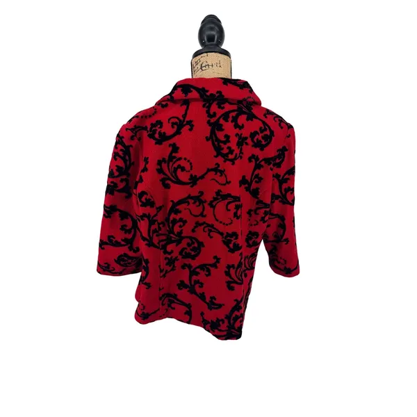 Coldwater Creek Red Black Scroll Print‎ Wool Blazer Jacket 1X Velvet Brocade - Image 3