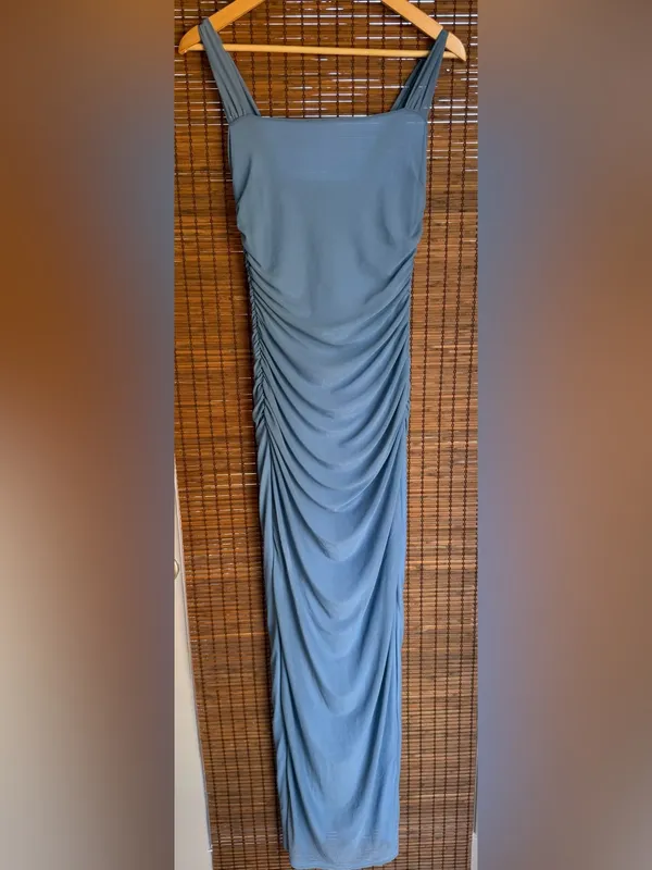 Lulus Amazing Presence Slate Blue Mesh Ruched Maxi Dress NWOT Small $79 - Image 5