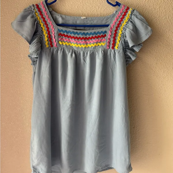 Women's Blue Ruffled Top Size M - Image 2