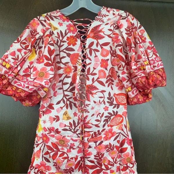 Farm Rio size XS romantic orchard tiered midi dress pink red white - Image 15