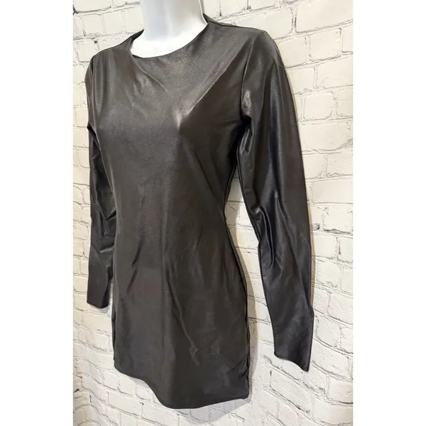 Naked Wardrobe Black Leather Look Round Neck Long Sleeve Bodycon Mini Dress S - Image 2