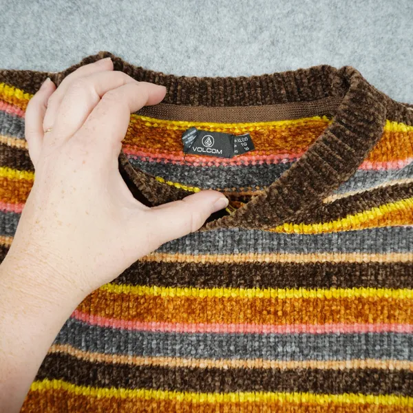 Volcom Women's XL Chenille Striped Cropped Crew Neck Sweater Brown Orange Yellow - Image 3