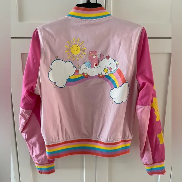 Hot Topic CARE BEARS Rainbow Varsity Bomber Racing Jacket Girls Juniors Size Medium NEW - Image 4