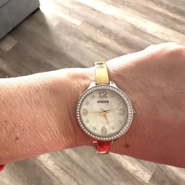 Chico’s Large Face Mother of Pearl Pave Rhinestone Goldtone Delicate‎ Band Watch - Image 2