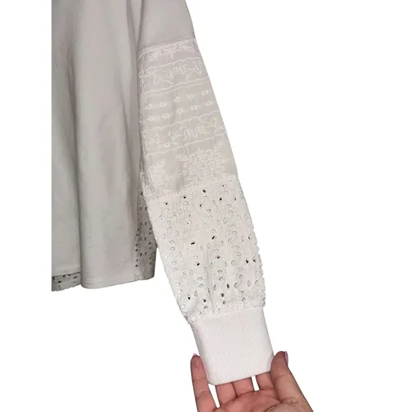 Tribal‎ Womens White Eyelet Lace Sleeve Split V-Neck French Terry Sweatshirt XS - Image 5