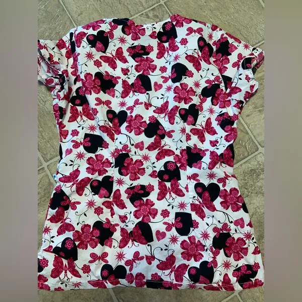 Nurse Mates Pink and Black Floral Women's Scrub Top - Image 3