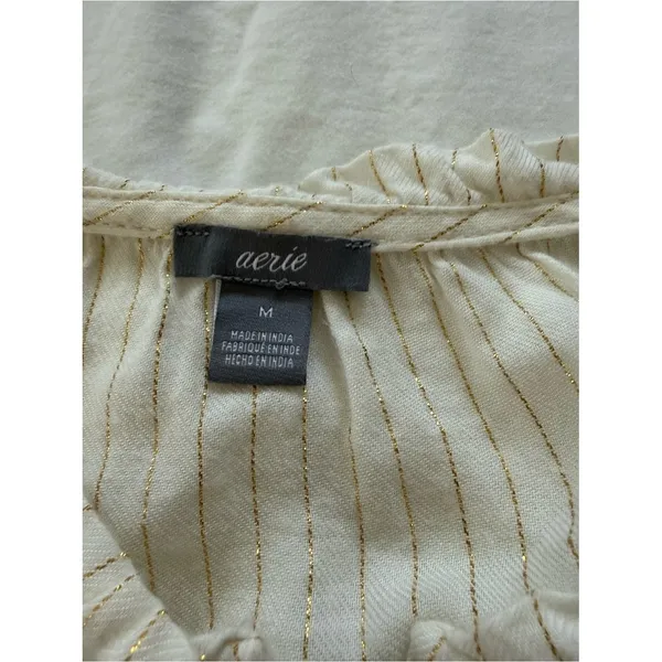 Aerie Ivory Gold Metallic Pinstripe Boho Bell Sleeve Tunic Blouse‎ M - Image 3