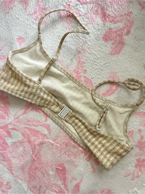 Triangl Mica Tan Cream Gingham Gold Metallic Sparkle Bikini Top Size Small - Image 4