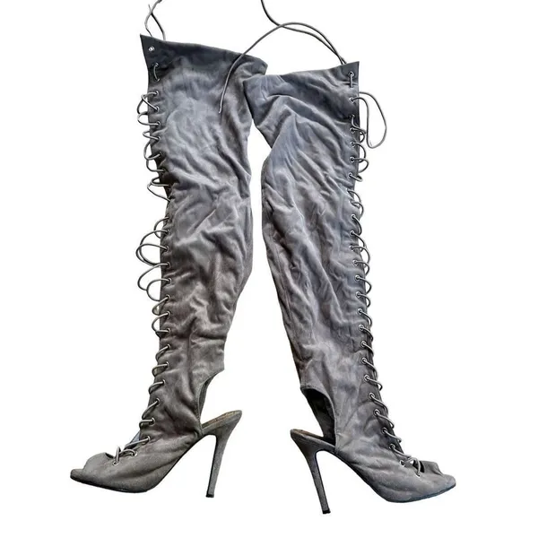 Lace Up Stiletto Heel Heels over the knee -Gray Faux Suede, Size 7 - 4.5”heels - Image 4