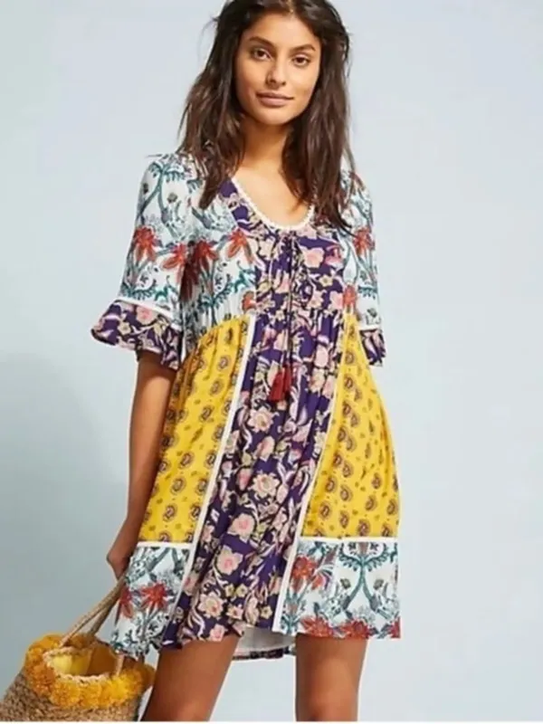 Anthropologie Lilka Patchwork Boho Mini Dress XS Floral Peasant Festival - Image 2