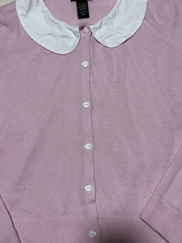 Hot Topic Cardigan Knit Sweater Pink White Peter Pan Collar Heart Buttons Medium - Image 3