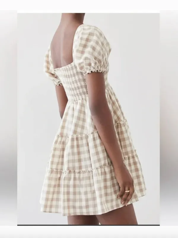 Peixoto Coco Beige and White Gingham Puff Sleeve Mini Dress Size Small - Image 2