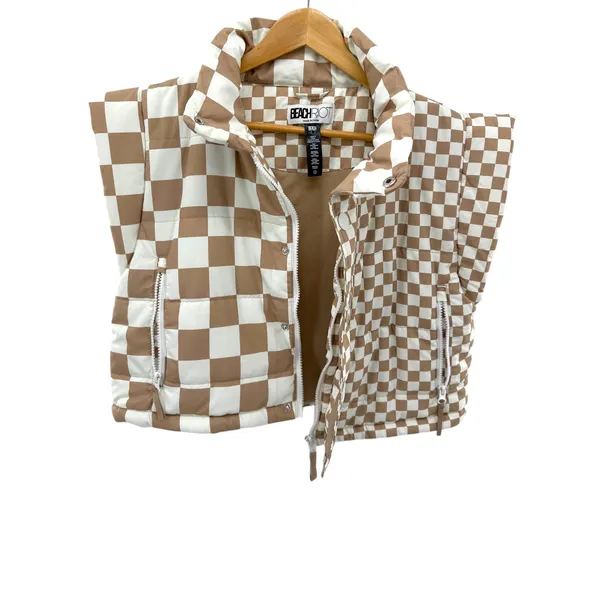 Beach Riot Canyon Puffer Vest Taupe Check Cropped Sleeveless Zip Snap Women's M‎ - Image 2