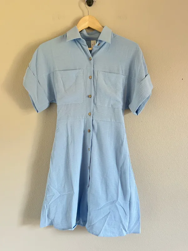 Commence Light Blue Button-Front Mini Shirt Dress XS - Image 3