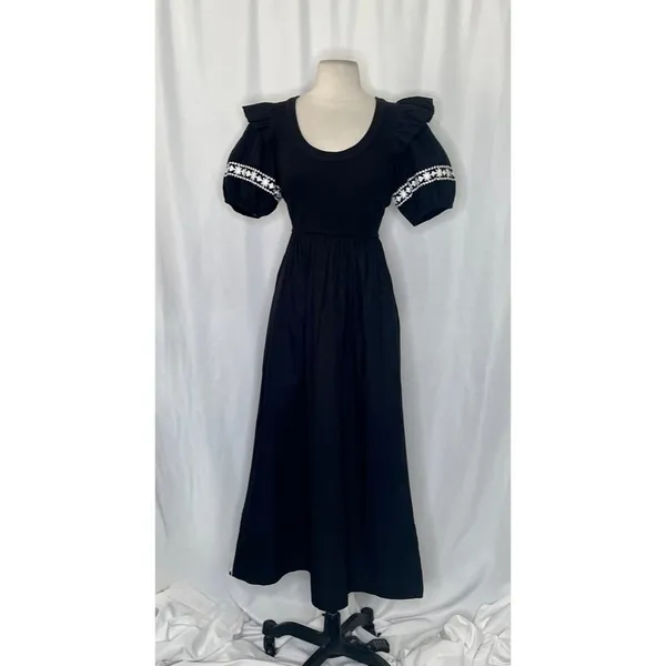 NWT!! CLEOBELLA‎ Selma Midi Dress Embroidered Black Ruffle Puff Sleeves X-Small - Image 2