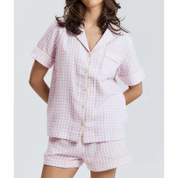 All for Mimi Gingham PJ Short Sleeve Top & Short Set Size XS Purple Yellow - Image 3
