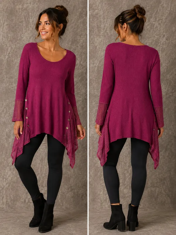 World Unity Burgundy Ribbed Knit Handkerchief Side Lace-Trim Tunic Top - Image 2