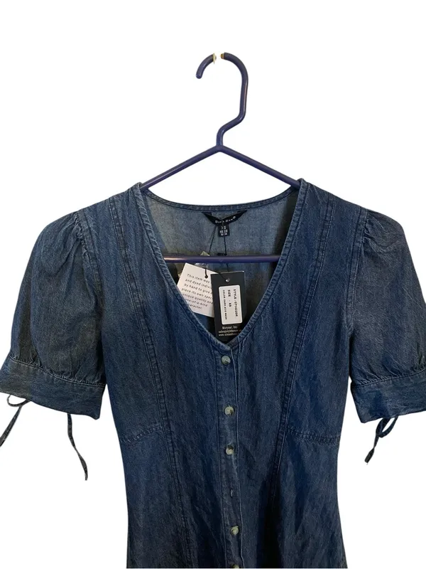 Sim & Sam Short puff Sleeve w/ Bows Button-Front Denim Dress coquette western - Image 4