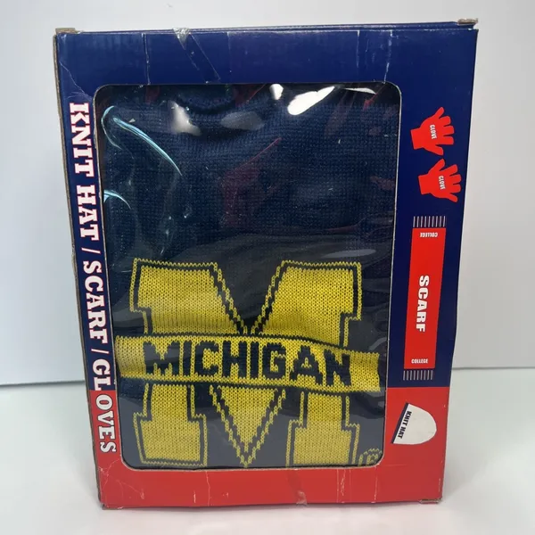 Vintage 90s Michigan Wolverines Knit Hat Scarf‎ Gloves Gift Set NIB Deadstock - Image 2