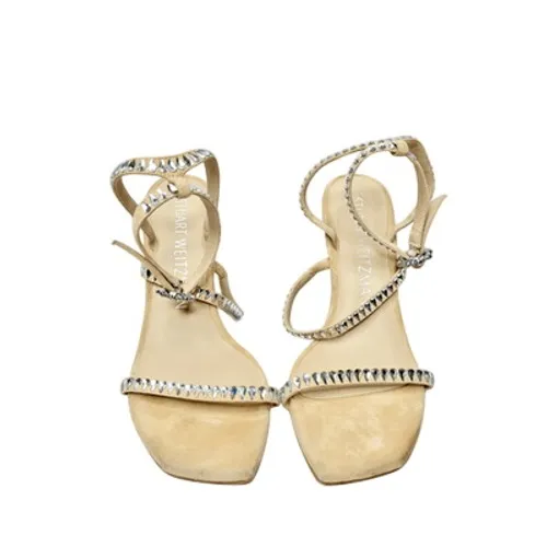 Stuart Weitzman Crystal Embellished Strappy Sandals Beige Suede Heels Size 8B - Image 6