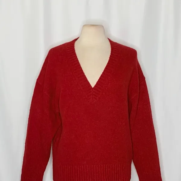 J. CREW Relaxed V Neck Pullover Sweater‎ Solid Red Merino Wool Alpaca Medium - Image 3