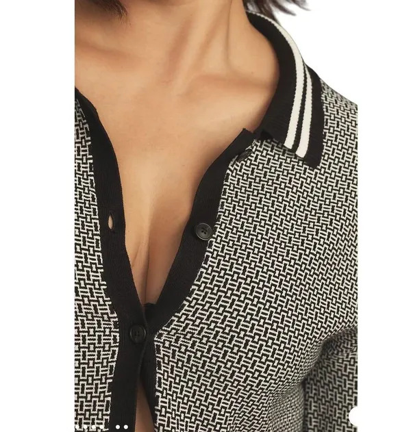 Anthropologie Maeve Preppy Black/White Cropped Plunging Polo Cardigan Size Small - Image 4