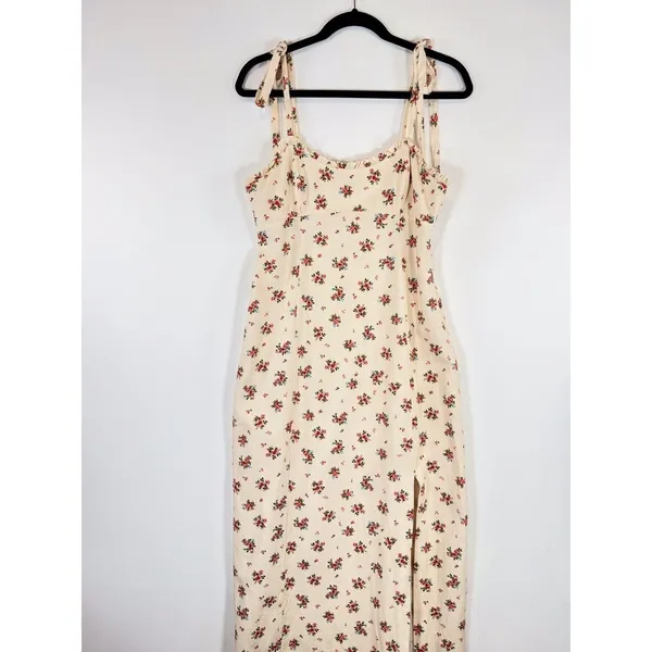 ZARA Womens Dress Beige Maxi Floral Ditsy Tank Smocked Linen Slit A Line Large - Image 4