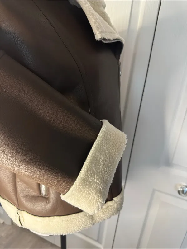 CHICME Women’s Faux-Shearling Biker Jacket in Coffee - Image 7