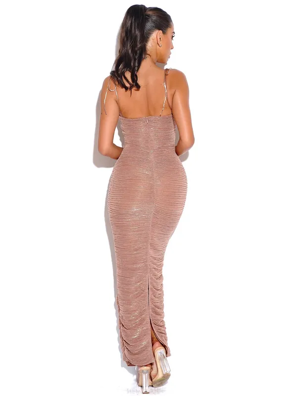 Miss Circle Glint Rose Gold Ruched Chiffon Long Maxi Dress XL - Image 4