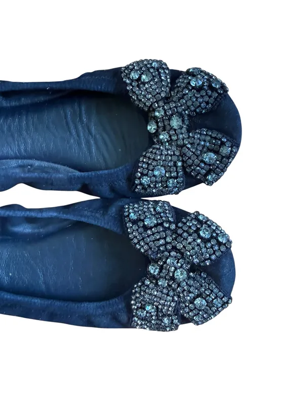 Tory Burch Navy Blue Suede Crystal Bow Eddie Flats - Image 5