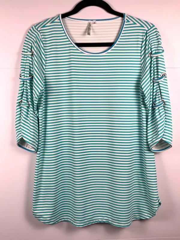 Lulu B Small Aqua Stripe UPF Top Lace Sleeve Coastal Beach Resort Cruise - Image 2