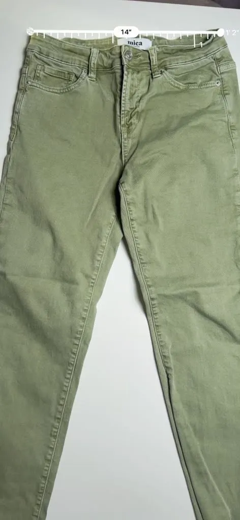 Mica Women’s Olive Cropped Raw Hem Denim Straight Leg Bottom Slit Pants Size 28 - Image 7