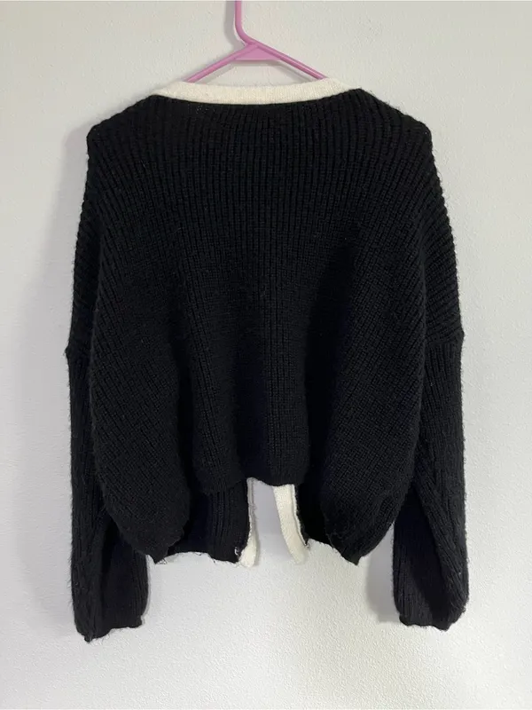 SHEIN Black & Cream Bow-Trim Cardigan Sweater - Women's size M - Image 7