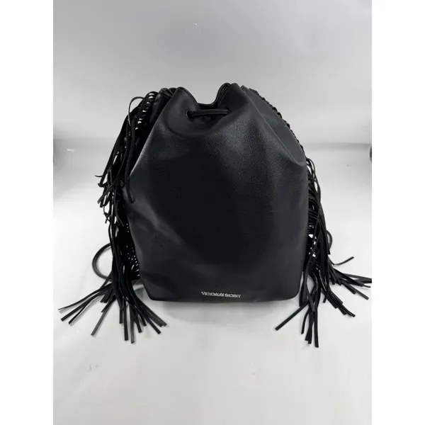 Victoria's Secret Black Pebbled Faux Leather Fringe Drawstring Bucket Bag Silver - Image 2