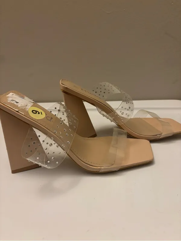 Mudd Nude Heeled Sandals with Clear Rhinestone Straps - Image 2