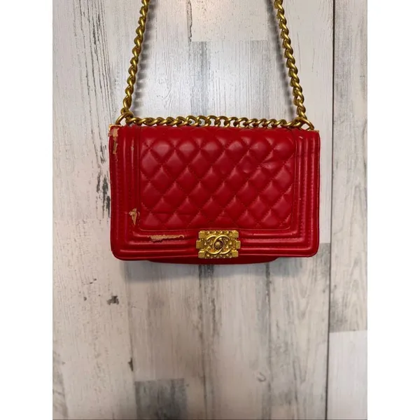 Red Quilted Chain Crossbody Bag Gold Chain Strap Classic Flap Purse - Image 2