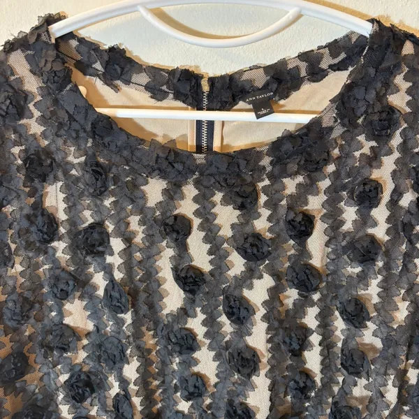 Ann Taylor Black Rosette‎ Floral Mesh Cap Sleeve Blouse Size Large - Image 2