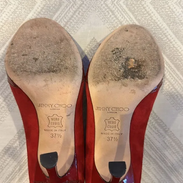 Jimmy Choo Rocky Red Suede Peep-Toe Pumps for Women – Size 37.5 - Image 8
