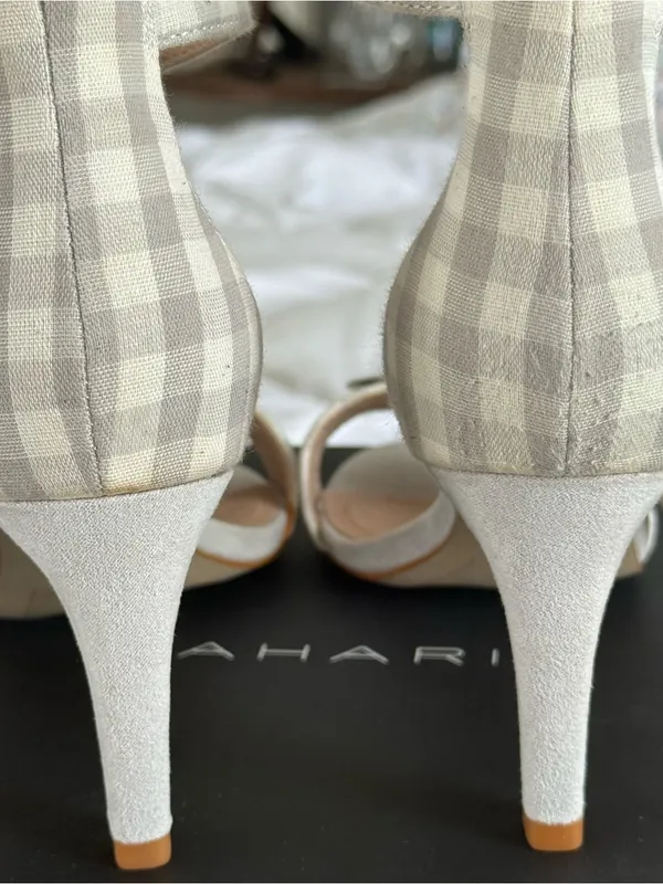 NIB Tahari eating Grey White Gingham Plaid Open Toe Bow 3” Heels NEW NWT 6.5 - Image 10