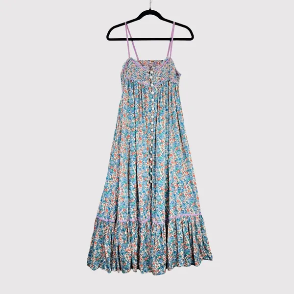 Free People Maxi Dress Blue Molly Jo Floral Button Down Cutout Back Smocked XS - Image 2